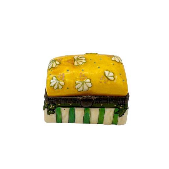 Other - Hand-Painted Ceramic Trinket Box Yellow Floral Lid & Green Striped Dotted Base